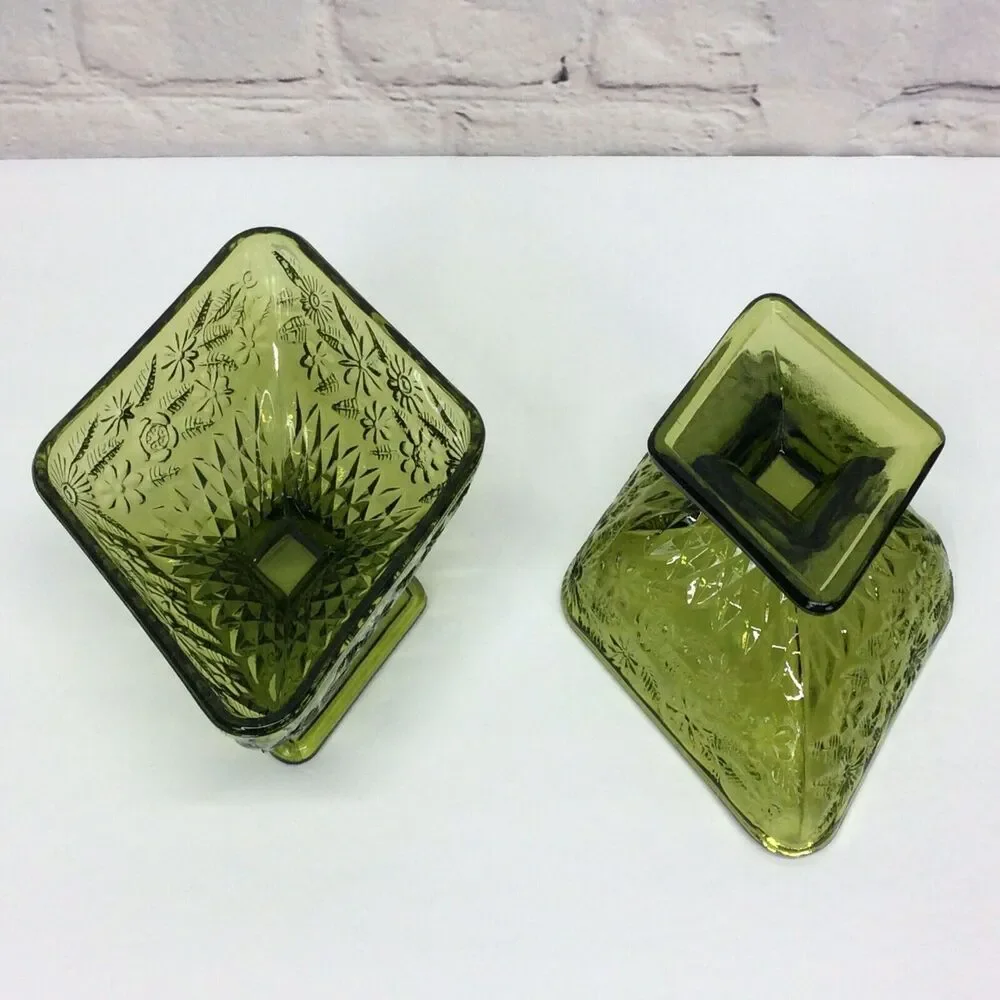 Vintage Indiana Glass Olive Green Diamond Shape Pedestal Candy Dish Bowl Set 2
